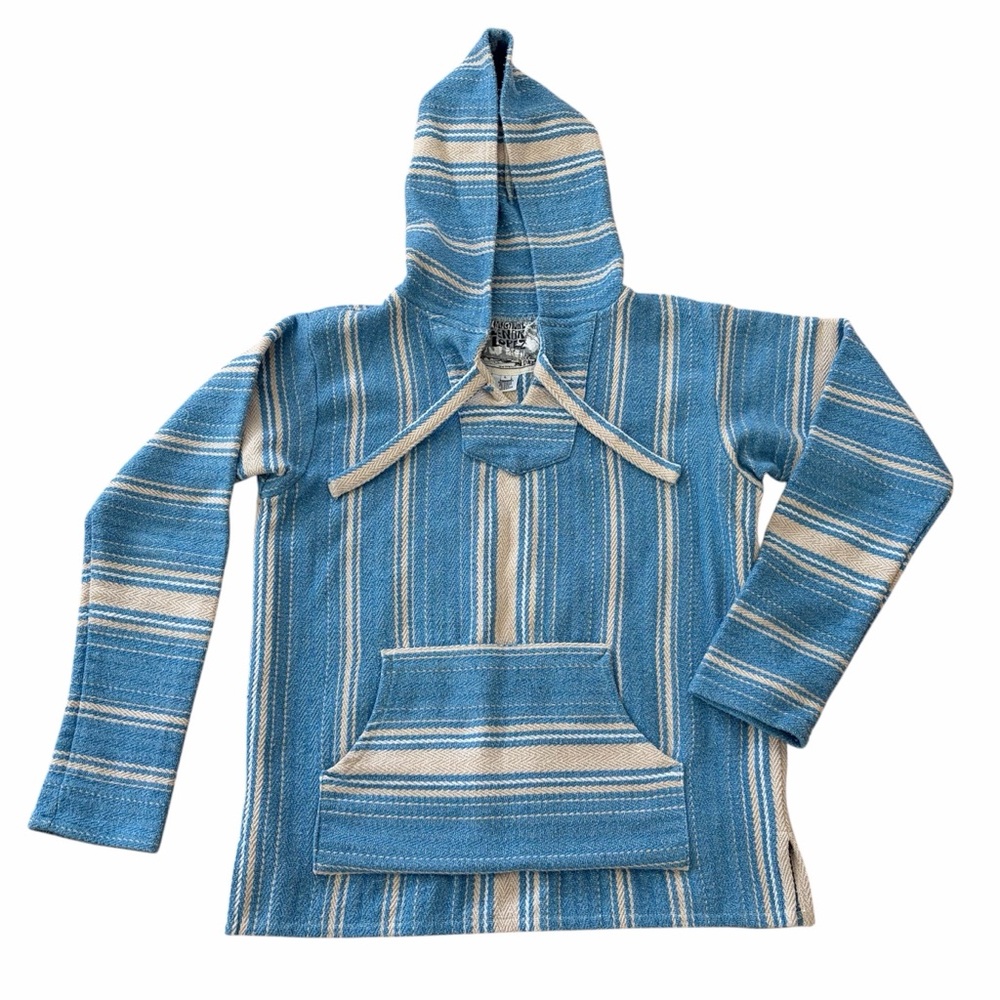 Señor Lopez Pullover Hoodie Mens Large Blue Tan White Striped Baja Surfer